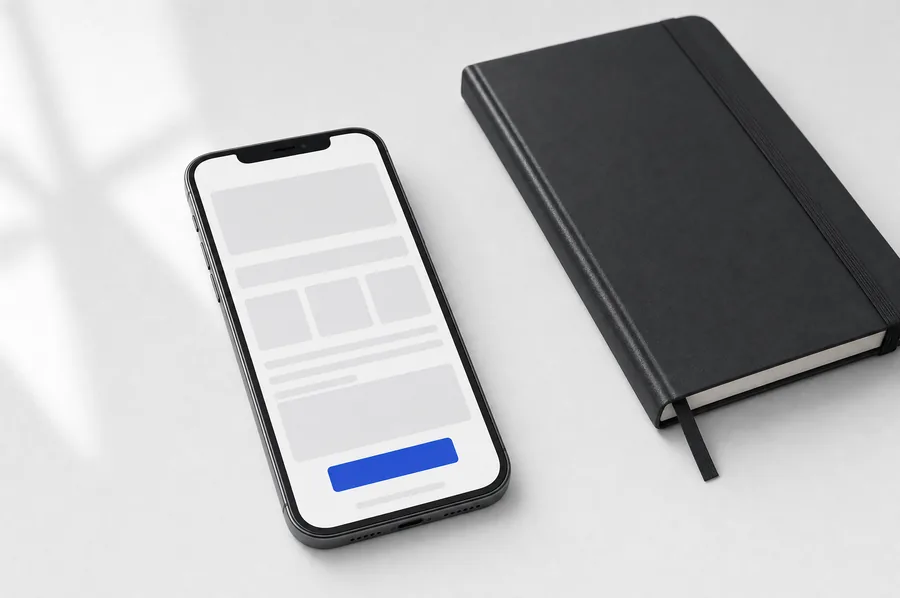 A phone showing the product sales page, propped next to the printed guide.