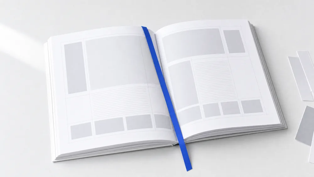 An open book spread with a blank editorial grid and a cobalt ribbon bookmark.