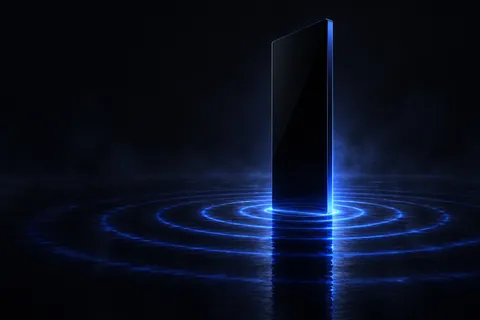 A dark glass slab sending rings of cobalt light across a black floor