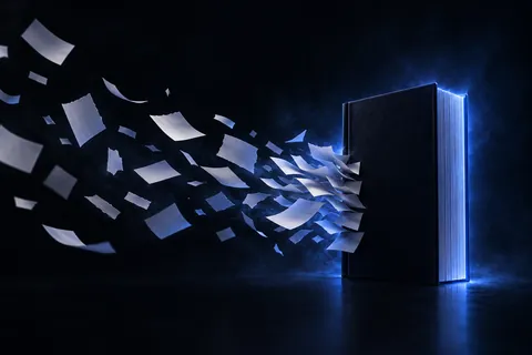 Loose paper notes drifting together into one bound book, lit in cobalt