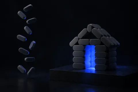 Scattered blank tiles assembling into a small house with a glowing doorway