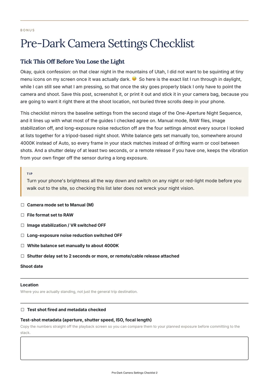 Bonus: pre-dark camera settings checklist