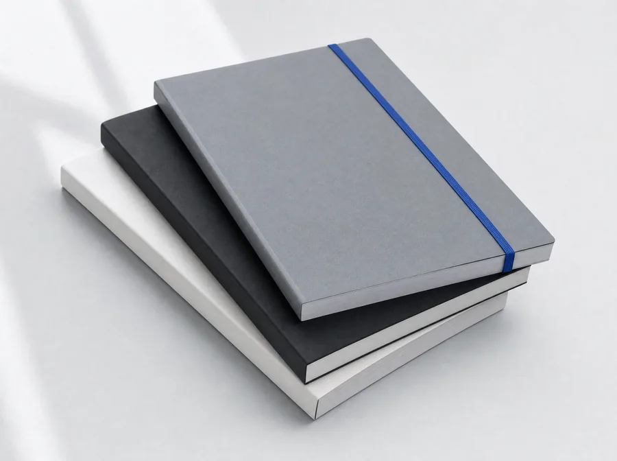 A stack of spiral-bound workbooks with slate covers and a cobalt spine detail on a grey studio surface.