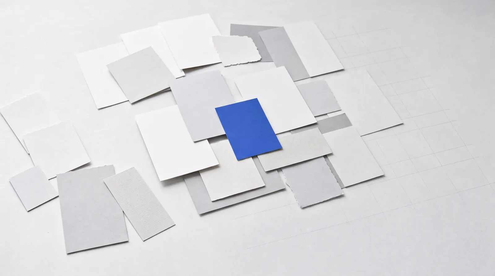 The same cards gathered into a loose cluster with the cobalt card at its centre.