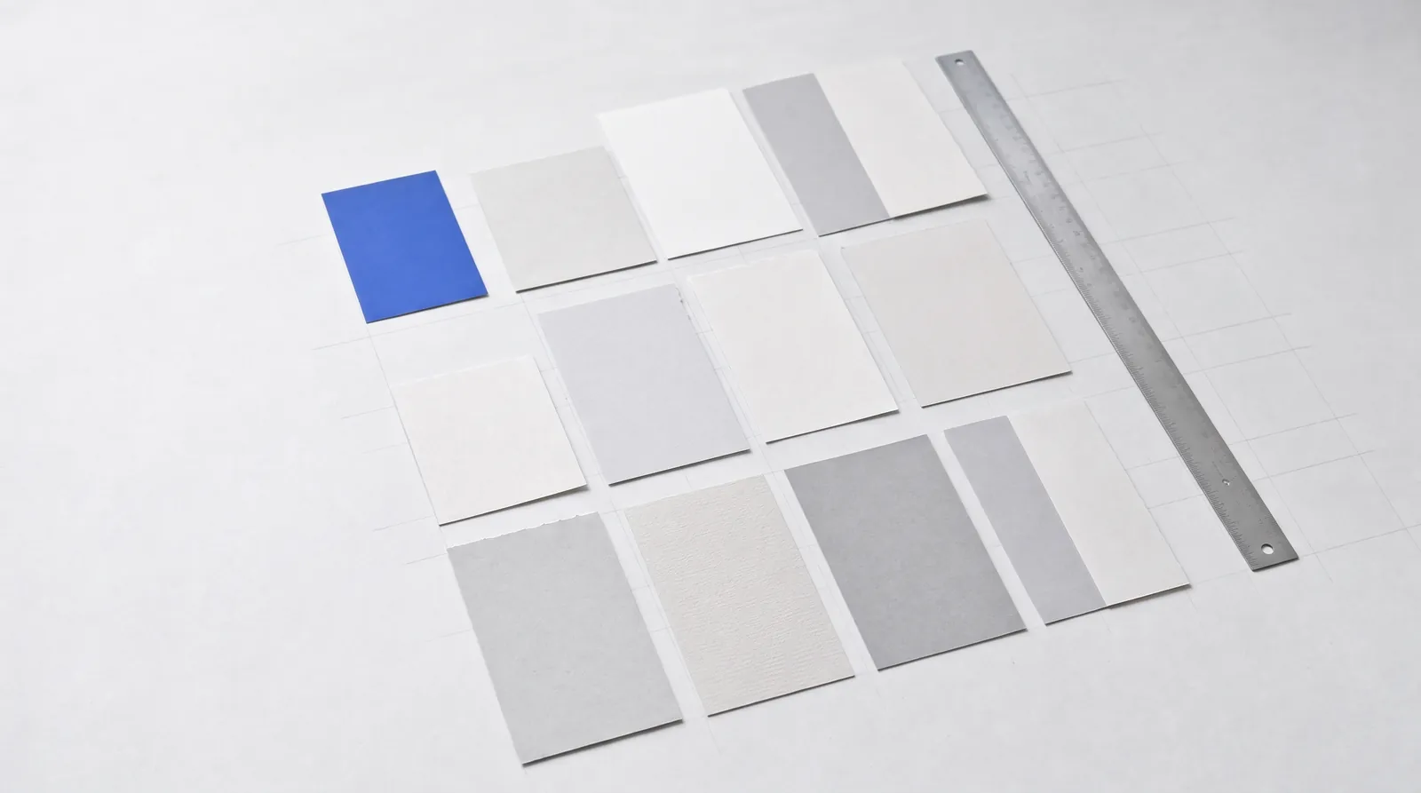 The cards aligned into a precise grid on faint pencil lines, a steel ruler along the right edge.