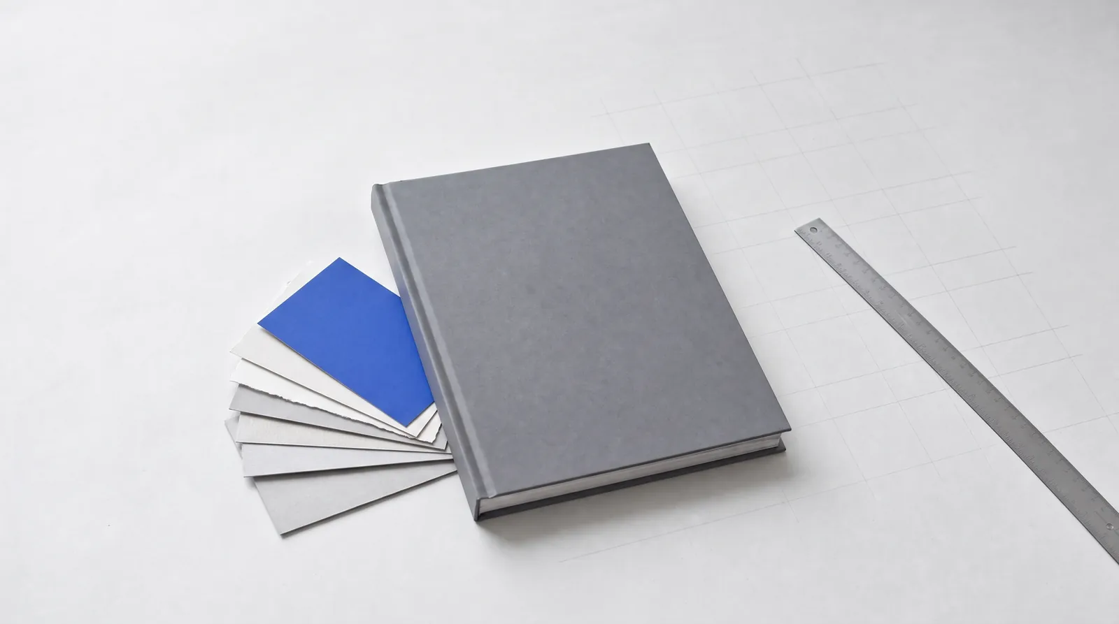 A closed slate-grey hardcover book at the centre, the cards stacked in a neat fan beneath its edge.