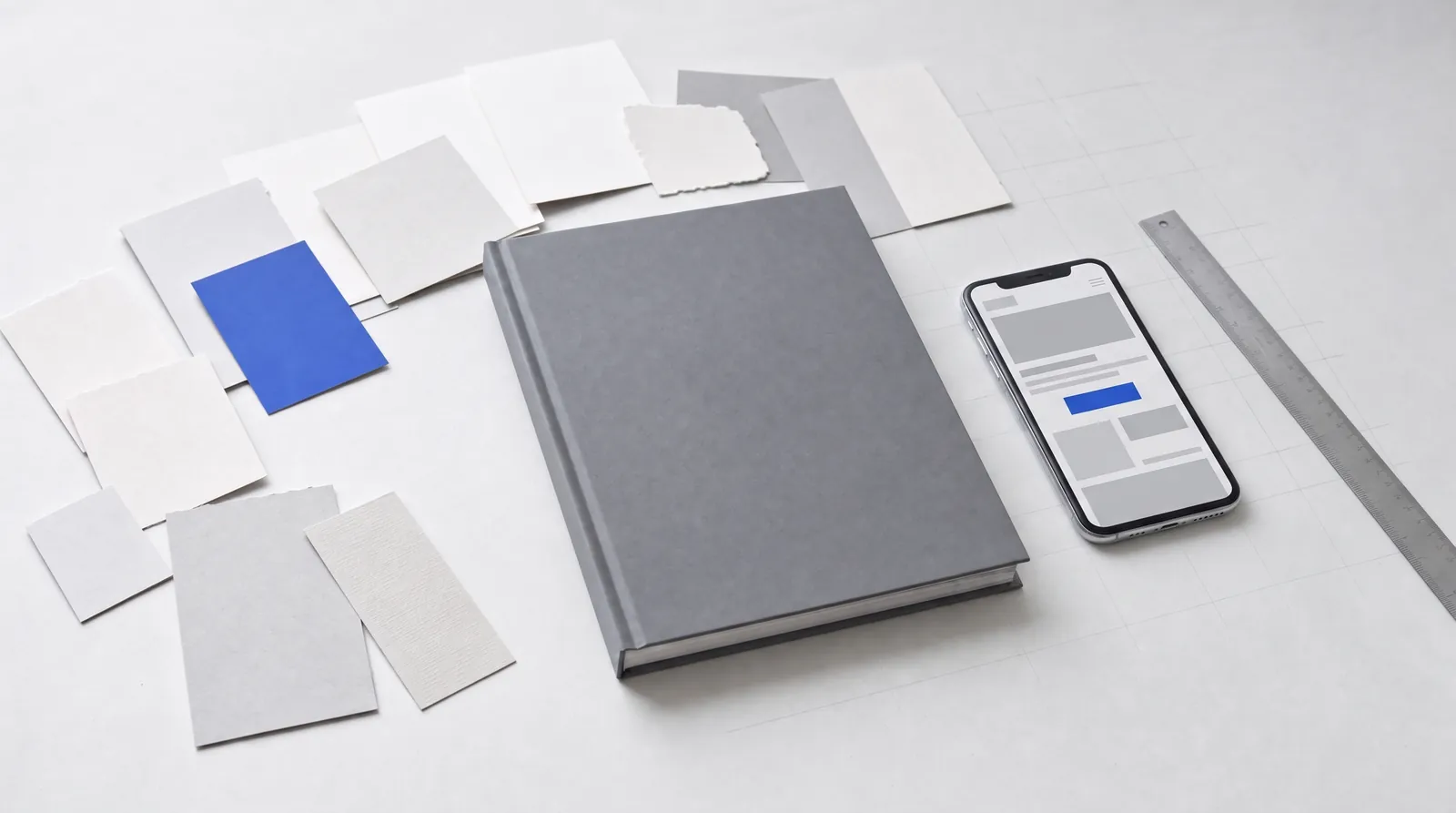 The book beside a phone showing an abstract page layout with one cobalt button.