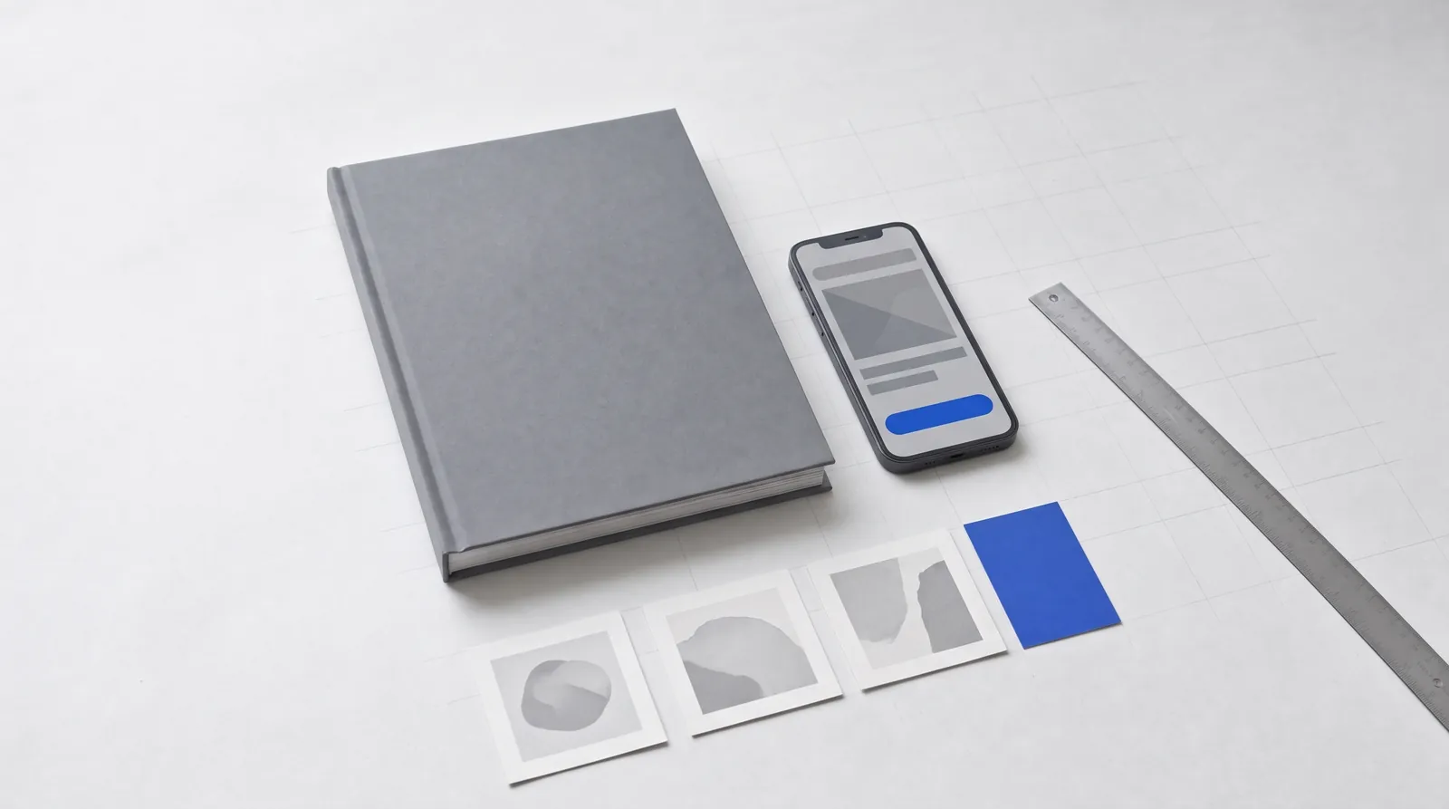 Book, phone, four gallery cards and a cobalt card laid out in a precise grid, everything still.