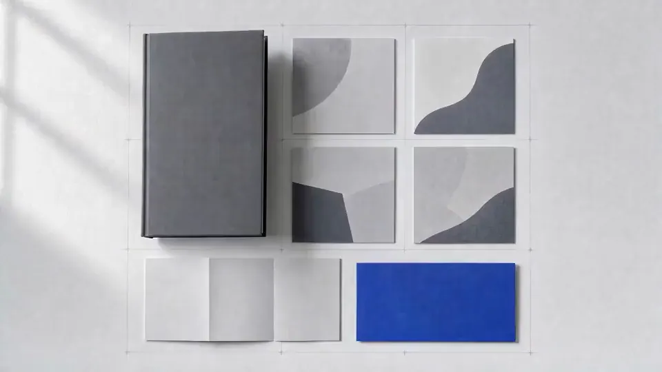A launch kit laid out in a precise grid: a closed book, four gallery cards, a folded sheet and a slim cobalt card.