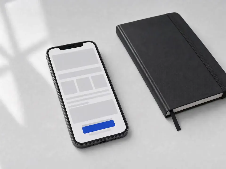 A phone on a grey surface showing an abstract page layout with one cobalt button that slowly scrolls, next to a black notebook.