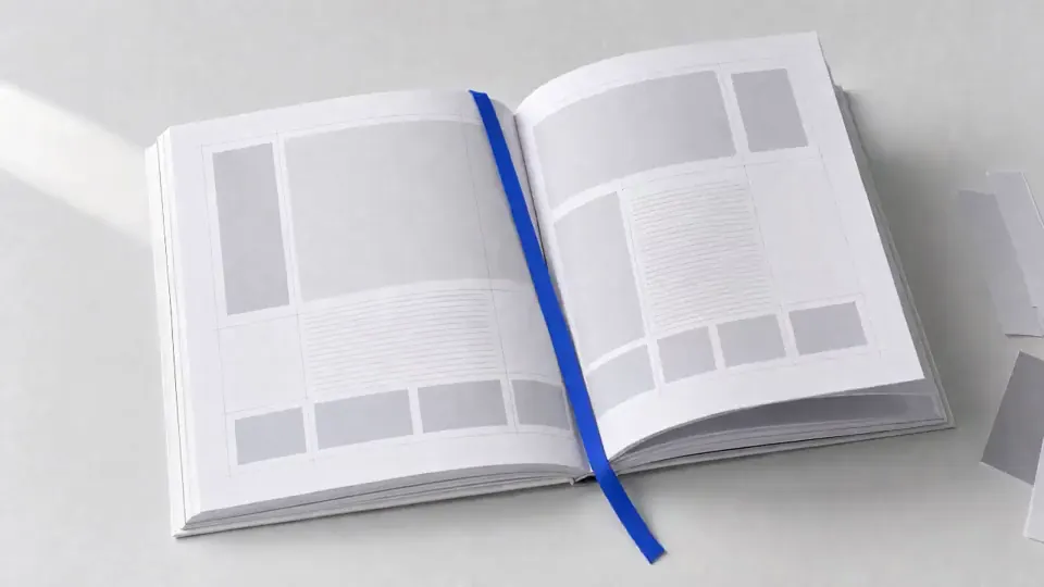 An open book spread with a blank editorial grid and a cobalt ribbon bookmark. A page lifts in a breath of air.